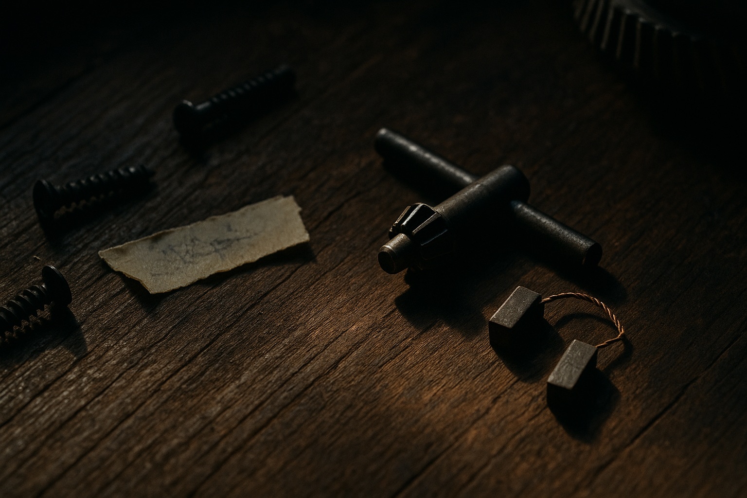 Power tool parts, carbon brushes and a chuck key on a dark workshop bench