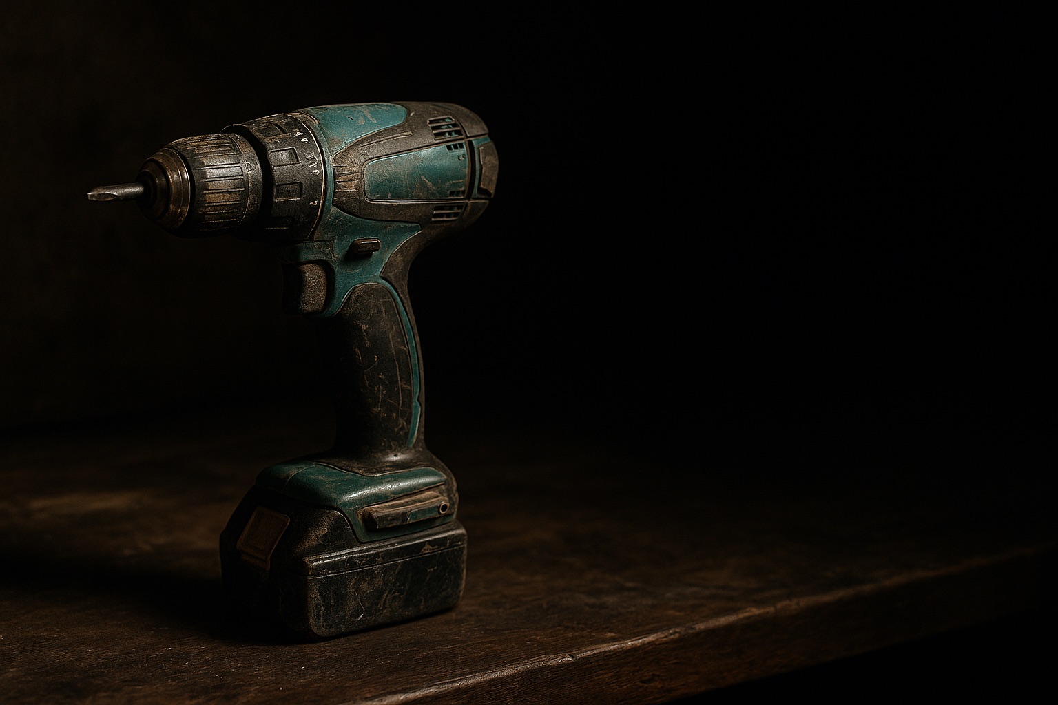A worn, heavily used cordless drill sitting on a dark workshop bench