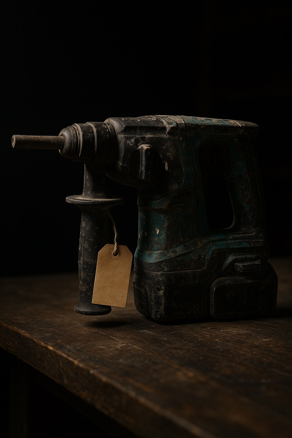 A used SDS rotary hammer with a blank repair tag tied to the handle